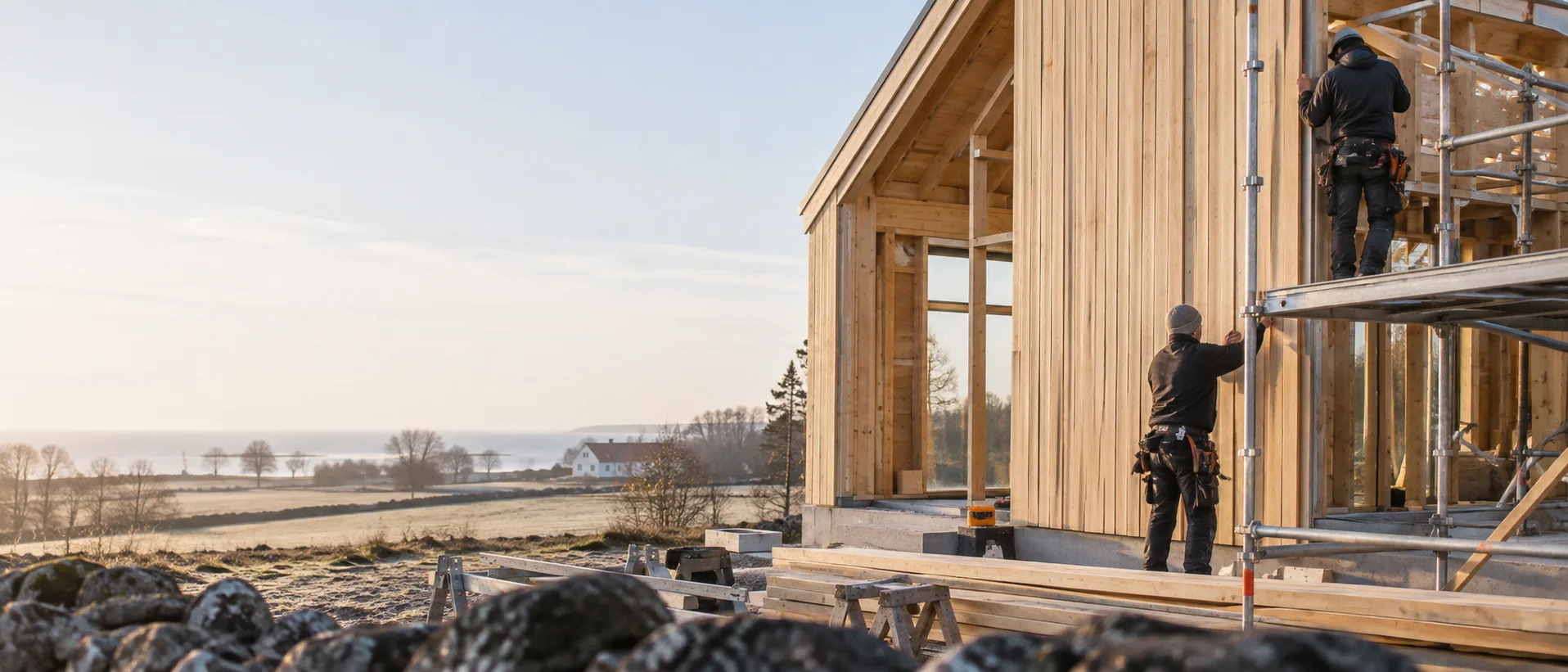 Snickare från Martins Bygg monterar träfasad på ett nytt hus