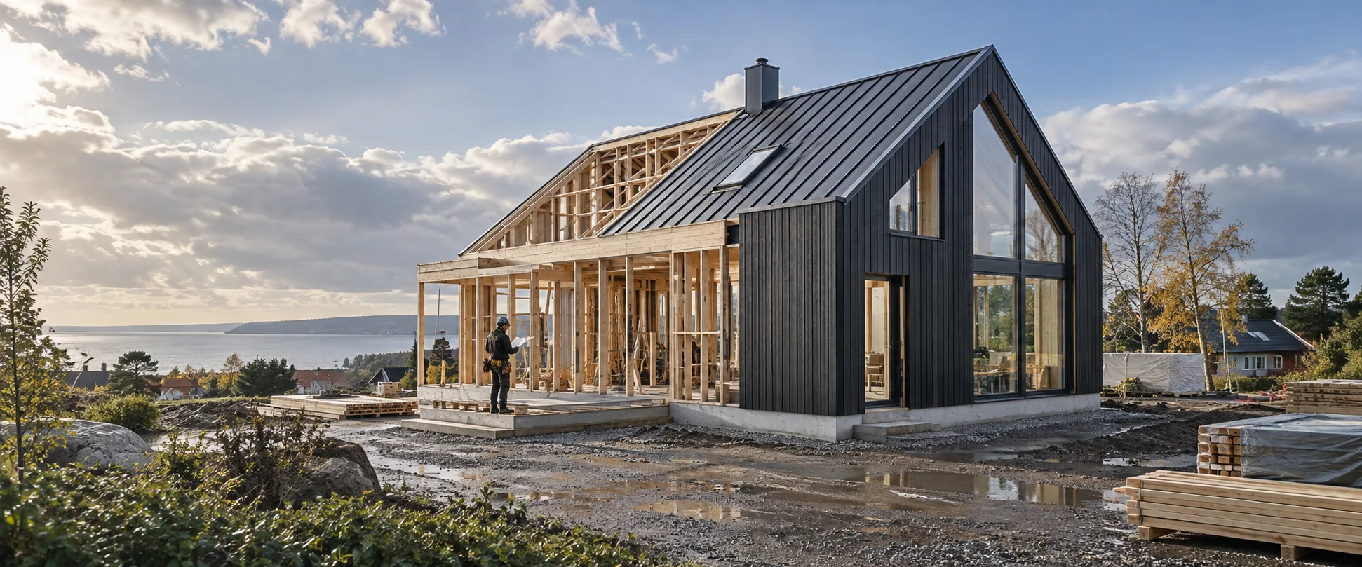 Modernt trähus under nyproduktion i Skåne